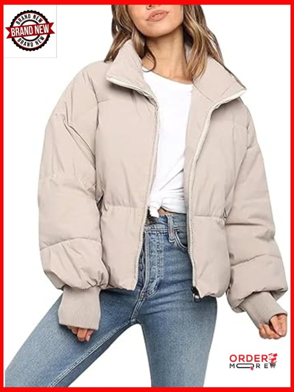 Cropped Puffer Jacket Short Warm Quilted Coat with Pockets